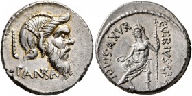 C. Vibius C.f. C.n. Pansa Caetronianus, 48 BC. Denarius (Silver, 19 mm, 3.93 g, 1 h), Rome. PANSA Mask of bearded Pan to right; behind, pedum. Rev. C•...