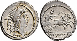 L. Valerius Acisculus, 45 BC. Denarius (Silver, 20 mm, 3.89 g, 6 h), Rome. ACISCVLVS Radiate head of Sol to right; behind, acisculus. Rev. L•VALERIVS ...