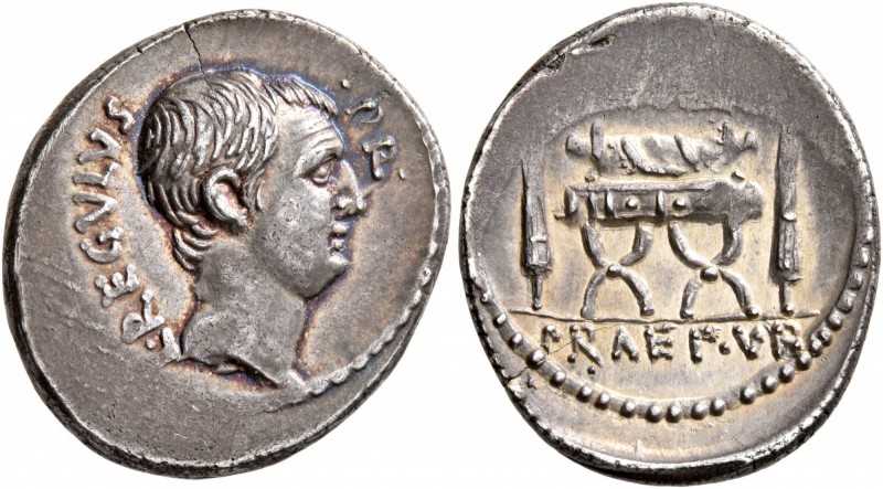 L. Livineius Regulus, 42 BC. Denarius (Silver, 19 mm, 4.02 g, 5 h), Rome. L•REGV...