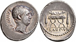 L. Livineius Regulus, 42 BC. Denarius (Silver, 19 mm, 4.02 g, 5 h), Rome. L•REGVLVS •P R• Bare head of L. Livineius Regulus to right. Rev. [REGVLVS•F]...