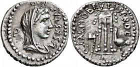 Brutus, † 42 BC. Denarius (Silver, 17 mm, 3.84 g, 1 h), military mint traveling with Brutus and Cassius in the East, L. Sestius, proquaestor, spring-s...