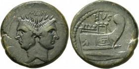 Sextus Pompey, † 35 BC. As (Bronze, 31 mm, 22.08 g, 1 h), Sicily, circa 42-38. Laureate janiform head of Pompey the Great. Rev. PIVS / [IMP] Prow of g...