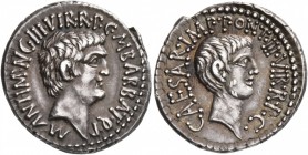Mark Antony and Octavian. Denarius (Silver, 19 mm, 3.78 g, 12 h), Mark Antony with Octavian and M. Barbatius, mint moving with Mark Antony, 41 BC. M•A...