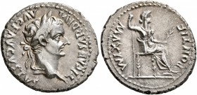 Tiberius, 14-37. Denarius (Silver, 20 mm, 3.67 g, 11 h), Lugdunum. TI CAESAR DIVI AVG F AVGVSTVS Laureate head of Tiberius to right. Rev. PONTIF MAXIM...