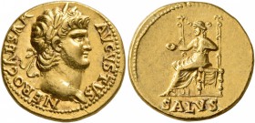 Nero, 54-68. Aureus (Gold, 18 mm, 7.36 g, 6 h), Rome, circa 65-66. NERO CAESAR AVGVSTVS Laureate head of Nero to right. Rev. SALVS Salus seated left o...