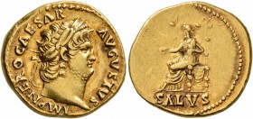 Nero, 54-68. Aureus (Gold, 19 mm, 7.29 g, 7 h), Rome, circa 66-67. IMP NERO CAESAR AVGVSTVS Laureate head of Nero to right. Rev. SALVS Salus seated le...