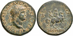 Nero, AD 54-68. Sestertius (Orichalcum, 35 mm, 26.83 g, 7 h), Lugdunum, 67. IMP NERO CAESAR AVG P MAX TR P P P Laureate head of Nero to right, small g...