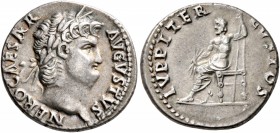 Nero, 54-68. Denarius (Silver, 18 mm, 3.45 g, 6 h), Rome, 67-68. NERO CAESAR AVGVSTVS Laureate head of Nero to right. Rev. IVPPITER CVSTOS Jupiter sea...
