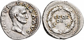Galba, 68-69. Denarius (Silver, 19 mm, 3.52 g, 6 h), Rome. IMP SER GALBA AVG Bare head of Galba to right. Rev. S P Q R / OB / C S within oak wreath. B...