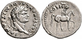 Domitian, as Caesar, 69-81. Denarius (Silver, 19 mm, 3.16 g, 6 h), Rome, 76-77. CAESAR AVG F•DOMITIANVS Laureate head of Domitian to right. Rev. COS I...