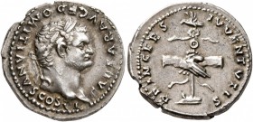Domitian, as Caesar, 69-81. Denarius (Silver, 19 mm, 3.47 g, 6 h), Rome, 1 January-24 June 79. CAESAR AVG F DOMITIANVS COS VI Laureate head of Domitia...