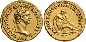 Domitian, 81-96. Aureus (Gold, 20 mm, 7.61 g, 7 h), Rome, 87. IMP CAES DOMIT AVG•GER•M P M•TR•P•VI Laureate head of Domitian to right. Rev. IMP•XIIII ...