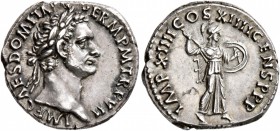 Domitian, 81-96. Denarius (Silver, 18 mm, 3.60 g, 7 h), Rome, 88. IMP CAES DOMIT AVG GERM P M TR P VII Laureate head of Domitian to right. Rev. IMP XI...