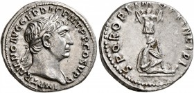 Trajan, 98-117. Denarius (Silver, 18 mm, 3.86 g, 7 h), Rome, circa 103-107. IMP TRAIANO AVG GER DAC P M TR P P COS V P P Laureate head of Trajan to ri...