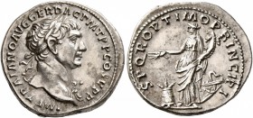 Trajan, 98-117. Denarius (Silver, 19 mm, 3.29 g, 7 h), Rome, circa 106-107. IMP TRAIANO AVG GER DAC P M TR P COS V P P Laureate head of Trajan to righ...