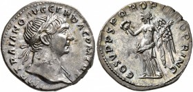Trajan, 98-117. Denarius (Silver, 18 mm, 2.84 g, 6 h), Rome, circa 107-108. IMP TRAIANO AVG GER DAC P M TR P Laureate head of Trajan to right, with sl...
