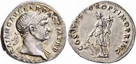 Trajan, 98-117. Denarius (Silver, 19 mm, 3.26 g, 7 h), Rome, circa 107-108. IMP TRAIANO AVG GER DAC P M TR P Laureate head of Trajan to right, with sl...