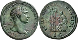 Trajan, 98-117. Sestertius (Orichalcum, 34 mm, 25.08 g, 7 h), Rome, circa 108-109/10. IMP CAES NERVAE TRAIANO AVG GER DAC P M TR P COS V P P Laureate ...
