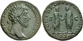 Marcus Aurelius, 161-180. Sestertius (Orichalcum, 32 mm, 19.72 g, 12 h), Rome, 161-162. IMP CAES M AVREL ANTONINVS AVG P M Laureate head of Marcus Aur...