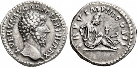 Lucius Verus, 161-169. Denarius (Silver, 18 mm, 3.70 g, 7 h), Rome, 165. L VERVS AVG ARM PARTH MAX Bare head of Lucius Verus to right. Rev. TR P V IMP...