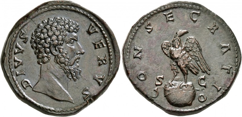 Divus Lucius Verus, died 169. Sestertius (Orichalcum, 33 mm, 29.70 g, 1 h), Rome...