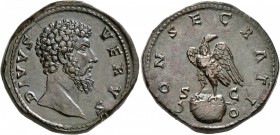 Divus Lucius Verus, died 169. Sestertius (Orichalcum, 33 mm, 29.70 g, 1 h), Rome, 169. DIVVS VERVS Bare head of Divus Lucius Verus to right. Rev. CONS...