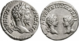 Septimius Severus, with Caracalla and Geta as Caesar, 193-211. Denarius (Silver, 18 mm, 3.15 g, 6 h), Rome, 201-202. SEVERVS PIVS AVG Laureate head of...