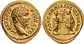 Septimius Severus, 193-211. Aureus (Gold, 21 mm, 7.27 g, 12 h), Rome, 209. SEVERVS PIVS AVG Laureate head of Septimius Severus to right. Rev. CONCORDI...