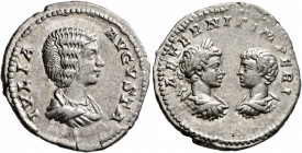 Julia Domna, with Caracalla and Geta as Caesar, Augusta, 193-217. Denarius (Silver, 19 mm, 3.05 g, 6 h), Rome, 201-202. IVLIA AVGVSTA Draped bust of J...