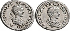 Caracalla, with Geta as Caesar, 198-217. Denarius (Silver, 19 mm, 3.48 g, 12 h), Laodicea ad Mare, 201. ANTONINVS AVG PONT TR P IIII Laureate, draped ...