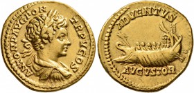 Caracalla, 198-217. Aureus (Gold, 20 mm, 7.22 g, 12 h), Rome, 202. ANTON P AVG PON TR P V COS Laureate, draped and cuirassed bust of Caracalla to righ...