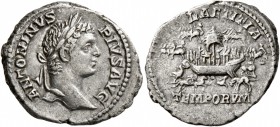 Caracalla, 198-217. Denarius (Silver, 21 mm, 3.33 g, 7 h), Rome, 206. ANTONINVS PIVS AVG Laureate head of Caracalla to right. Rev. LAETITIA / TEMPORVM...
