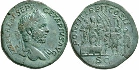 Geta, 209-211. Sestertius (Orichalcum, 31 mm, 22.56 g, 1 h), Rome, 210. IMP CAES P SEPT GETA PIVS AVG Laureate head of Geta to right, with slight drap...