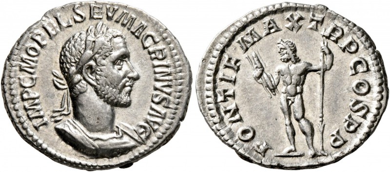 Macrinus, 217-218. Denarius (Silver, 20 mm, 3.27 g, 6 h), Rome, summer 217-early...