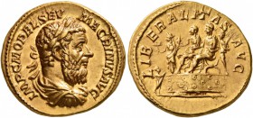 Macrinus, 217-218. Aureus (Gold, 20 mm, 7.31 g, 6 h), Rome, circa March-June 218. IMP C M OPEL SEV MACRINVS AVG Laureate, draped and cuirassed bust of...