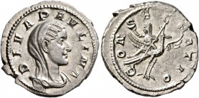Diva Paulina, died before 235. Denarius (Silver, 20 mm, 3.37 g, 4 h), Rome. DIVA PAVLINA Veiled and draped bust of Diva Paulina to right. Rev. CONSECR...