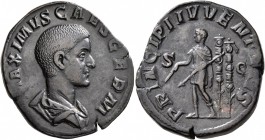 Maximus, Caesar, 235/6-238. Sestertius (Orichalcum, 31 mm, 19.36 g, 1 h), Rome, 236-238. MAXIMVS CAES GERM Bare-headed and draped bust of Maximus to r...