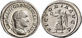 Gordian II, 238. Denarius (Silver, 20 mm, 3.17 g, 6 h), Rome, March-April 238. IMP M ANT GORDIANVS AFR AVG Laureate, draped and cuirassed bust of Gord...