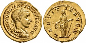 Gordian III, 238-244. Aureus (Gold, 21 mm, 5.36 g, 7 h), Rome, late 240-early 243. IMP GORDIANVS PIVS FEL AVG Laureate, draped and cuirassed bust of G...