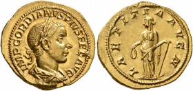 Gordian III, 238-244. Aureus (Gold, 21 mm, 4.77 g, 6 h), Rome, late 240-early 243. IMP GORDIANVS PIVS FEL AVG Laureate, draped and cuirassed bust of G...