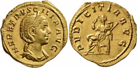 Herennia Etruscilla, Augusta, 249-251. Aureus (Gold, 19 mm, 4.27 g, 12 h), Rome. HER ETRVSCILLA AVG Draped bust of Herennia Etruscilla to right, weari...