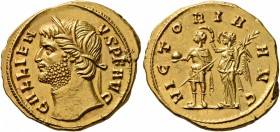 Gallienus, 253-268. Heavy Aureus (Gold, 21 mm, 6.10 g, 6 h), Rome, 265 or 266. GALLIENVS P F AVG Head of Gallienus to left, looking slightly up and we...