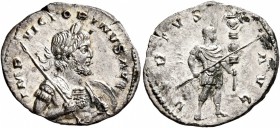 Victorinus, Romano-Gallic Emperor, 269-271. 'Denarius' (Silver, 19 mm, 1.65 g, 1 h), an 'offstrike' from aureus dies, Treveri, early to mid 270. IMP V...