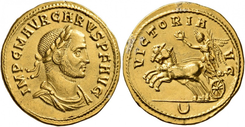 Carus, 282-283. Aureus (Gold, 20 mm, 4.64 g, 6 h), Cyzicus, early 283. IMP C M A...