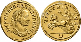 Carus, 282-283. Aureus (Gold, 20 mm, 4.64 g, 6 h), Cyzicus, early 283. IMP C M AVR CARVS P F AVG Laureate, draped and cuirassed bust of Carus to right...