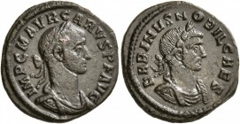 Carus, with Carinus as Caesar, 282-283. 'Denarius' (Bronze, 19 mm, 2.78 g, 6 h), 'offstrike' from aureus dies, Ticinum. IMP C M AVR CARVS P F AVG Laur...