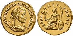 Diocletian, 284-305. Aureus (Gold, 19 mm, 4.56 g, 6 h), Cyzicus, circa 284-286. IMP C C VAL DIOCLETIANVS P F AVG Laureate and draped bust of Diocletia...