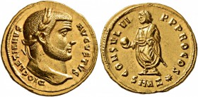 Diocletian, 284-305. Aureus (Gold, 19 mm, 5.34 g, 6 h), Antiochia, 296-297. DIOCLETIANVS AVGVSTVS Laureate head of Diocletian to right. Rev. CONSVL VI...