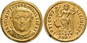 Licinius I, 308-324. Aureus (Gold, 21 mm, 5.29 g, 12 h), Nicomedia, early 321. LICINIVS AVG OB D V FILII SVI Bare-headed, draped and cuirassed facing ...