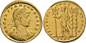 Constans, as Caesar, 333-337. Solidus (Gold, 21 mm, 4.27 g, 12 h), Constantinopolis, 336. FL CONSTANS NOB CAES Laureate, draped and cuirassed bust of ...